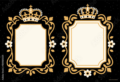 Elegant golden frames with crowns and floral design, black background
