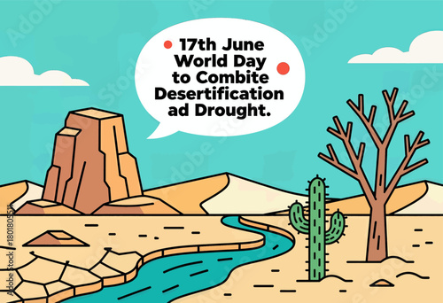 Desert landscape with cactus and tree vector, minimal illustration scene