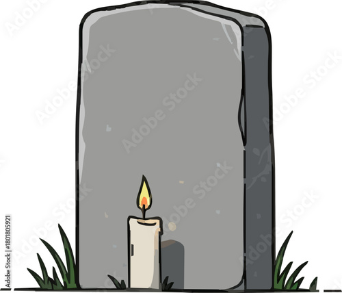 Solemn hand-drawn illustration featuring a sturdy gray gravestone with a glowing lit candle at its foundation, evoking themes of memorial, loss, and enduring remembrance