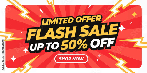 Flash sale vector banner with lightning, bold text, and call-to-action button