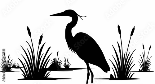 Serene Heron Silhouette Amidst Cattails A Wildlife Nature Graphic