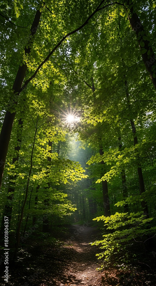Fototapeta premium Golden sun rays filtering through the vibrant green leaves of a dense forest.