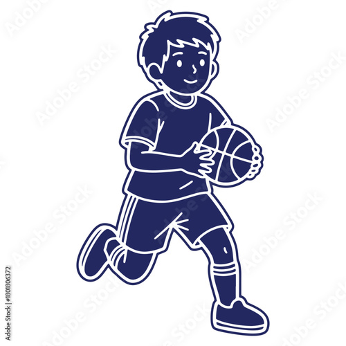 Energetic boy running with a basketball dribbling towards the hoop for a slam dunk in sporty illustration