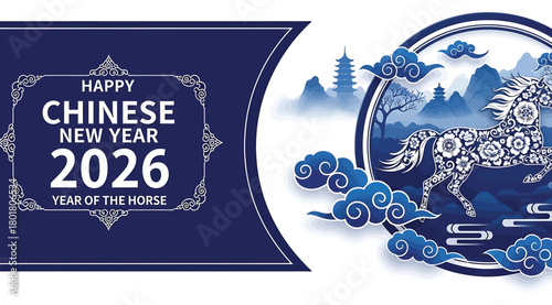 Horse New Year 2026 Celebration with Cartoon Horses, Lanterns, Clouds, and Festive Red Background – Chinese Zodiac Inspired Lunar New Year Greeting Design for Posters, Cards, and Digital Graphics