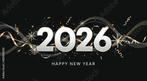 Happy new year 2026 greeting with sparkling gold confetti and streamers on a, celebrating the upcoming year with a festive and elegant design