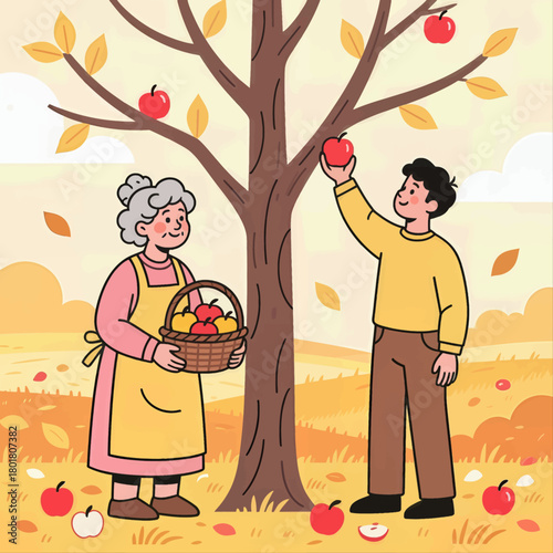 Grandmother and son apple picking, flat vector illustration