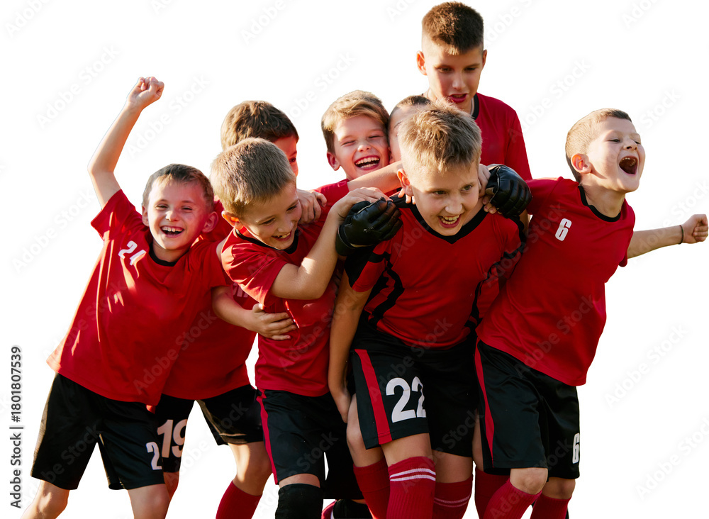 Fototapeta premium Group of young football players celebrating win on transparent background. Concept of team spirit, sports marketing, youth motivation, school programs, club promo.