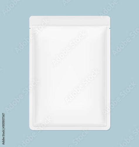 Sachet mockups. Hyper realistic. Vector illustration on colour background. Flat lay view. Packaging for cosmetic, food, pet. Ready for your design. EPS10.