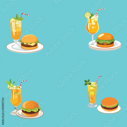 Mouthwatering Classic Cheeseburger on Plate Paired with Tall Glass of Chilled Orange Drink Lime Slice and Mint Leaves Vector Art