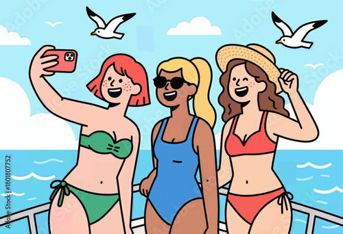 Happy women in swimsuits taking selfie, flat vector beach scene
