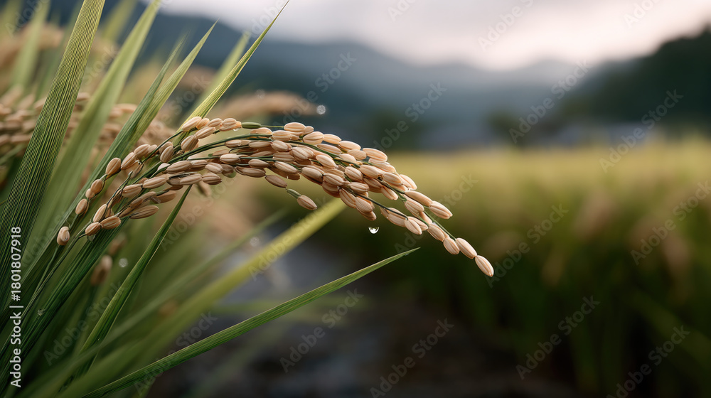 Naklejka premium Rice plant in field with morning dew, green leaves, golden grain, natural landscape, soft sunlight, peaceful rural scene