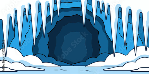 Icy cave entrance with stalactites, minimal polar scene, isolated