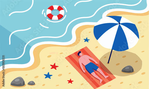Man sunbathing on the beach, flat design summer scene