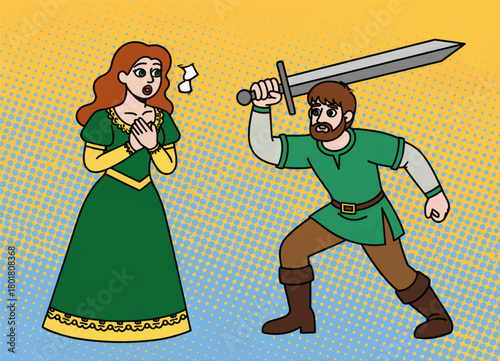 Medieval knight with sword threatening frightened woman, cartoon style, isolated