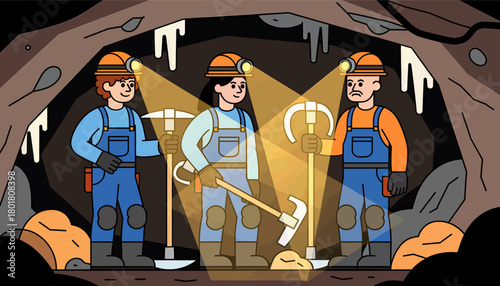 Miners with tools underground, cartoon mining scene, flat style