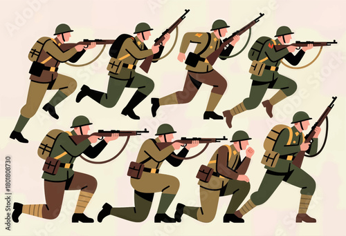 Military soldiers in action, flat design, vintage uniforms, isolated