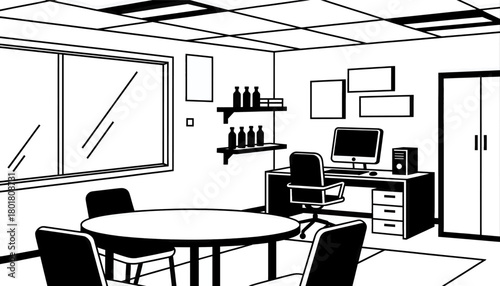 Minimalist office interior design, flat vector illustration, clean layout