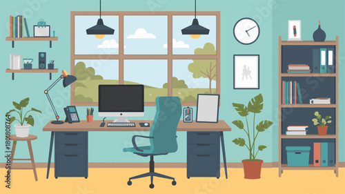 Illustration of a modern office space with desk, chair, and computer