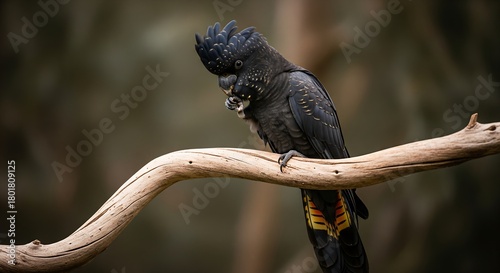 Striking red-tailed black cockatoo on curved branch in nature