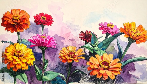 Vibrant Zinnia Flowers in Watercolor Style - A Colorful Floral Display.