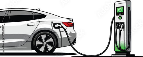 Electric car charging at a charging station isolated on white background