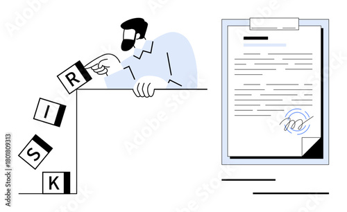 Man stabilizing falling risk blocks, signed document on clipboard nearby. Ideal for risk management, decision-making, business strategy, contract review, teamwork, compliance leadership. A simple
