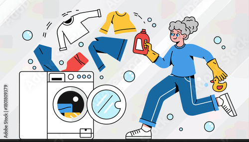 Older person doing laundry, flat design illustration, concept