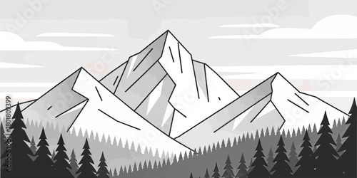 Minimal mountain range illustration, grayscale forest landscape