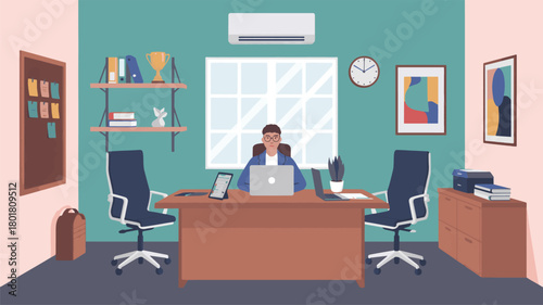 Illustration of a business office with a person working at a desk