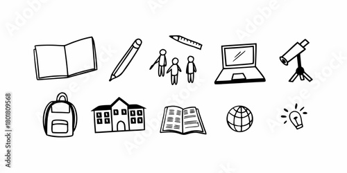 Doodle style illustration featuring education related objects such as school supplies and a telescope on transparent background