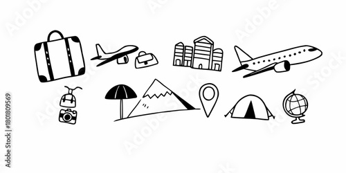 Doodle style illustration of travel icons including suitcase airplane camera and various destinations on transparent background