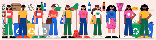 People recycling colorful flat illustration, waste management concept