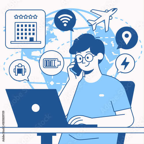 Remote worker using laptop and phone, flat design travel and tech concept.