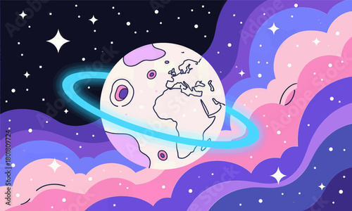 Saturn with glowing ring, whimsical space scene, colorful art style