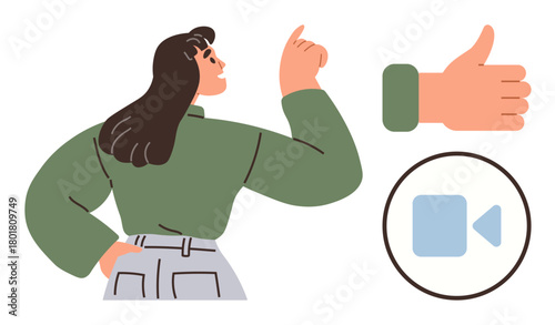 Woman gesturing confidently, thumbs-up and video call icon nearby. Ideal for communication, remote work, approval, online meeting, trust, teamwork self-confidence. Simple flat metaphor