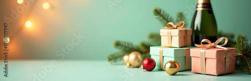christmas setting amidst soft focus pastel orange mint green backdrop featuring champagne bottle