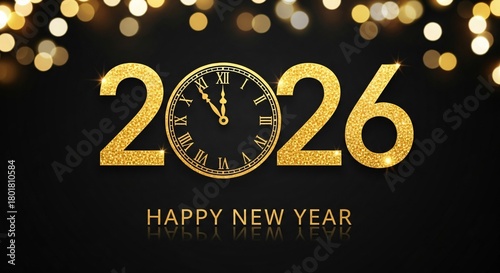 Happy new year 2026 with a vintage clock face and sparkling golden lights, celebrating the arrival of the new year