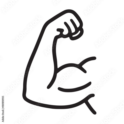 Black outline drawing of a flexed bicep muscle Keywords: bicep, muscle, arm, flexing, strength