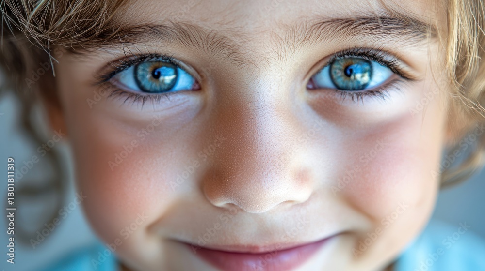 Fototapeta premium A closeup of a childâ€™s face, with sparkling eyes and a joyful expression, set against a neutral background.
