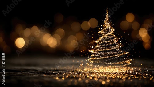 Elegant Christmas tree crafted from shimmering gold glitter swirls on a black backdrop. Delicate bokeh lights add a touch of enchantment and joy to the festive holiday atmosphere