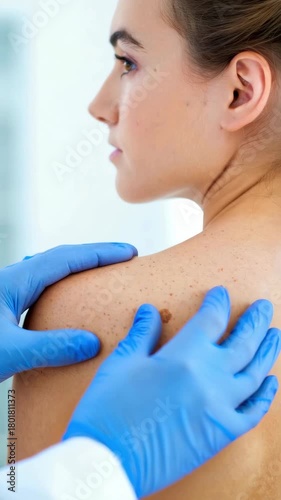 A dermatologist performs a clinical skin examination of a pigmented nevus on a female patient’s shoulder as part of a routine dermatological screening for early detection of skin cancer