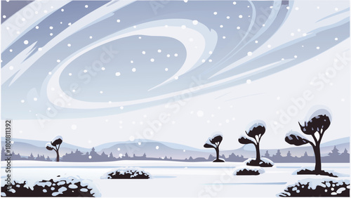 A surreal and whimsical winter landscape illustration featuring fantastical elements and a dreamlike atmosphere perfect for holiday or fantasy themes