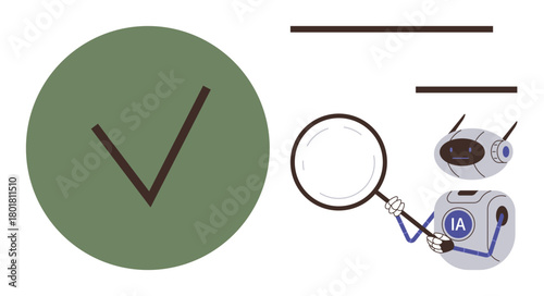 Robot analyzing data using a magnifying glass next to a green checkmark. Ideal for AI analysis, validation, research, automation, quality control, innovation, and problem-solving, simple flat