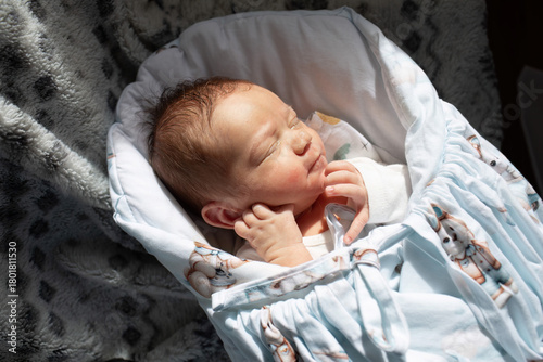 Newborn baby wrapped in a swaddle resting in soft sunlight