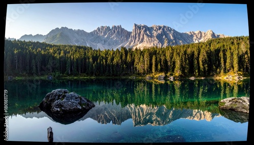 A stunning landscape featuring a calm, clear lake reflecting a dense evergreen forest and dramatic, rocky mountain peaks.