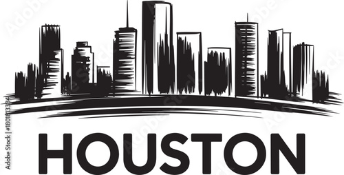 Houston texas cityscape drawing skyline illustration with typography text black ink brush strokes style