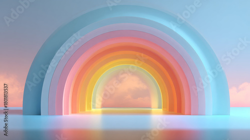 Fototapeta Naklejka Na Ścianę i Meble -  3D rendering of pastel colored rainbow arches tunnel background for product display