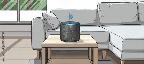 Smart speaker on a coffee table in a modern living room