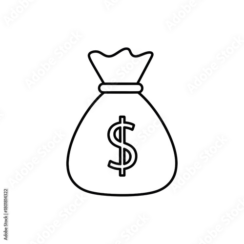 Minimal line art icon of a money bag with dollar sign on transparent background