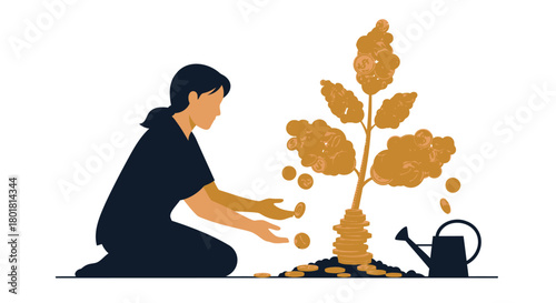 Woman tending to a money tree made of gold coins symbolizing financial growth and investment success